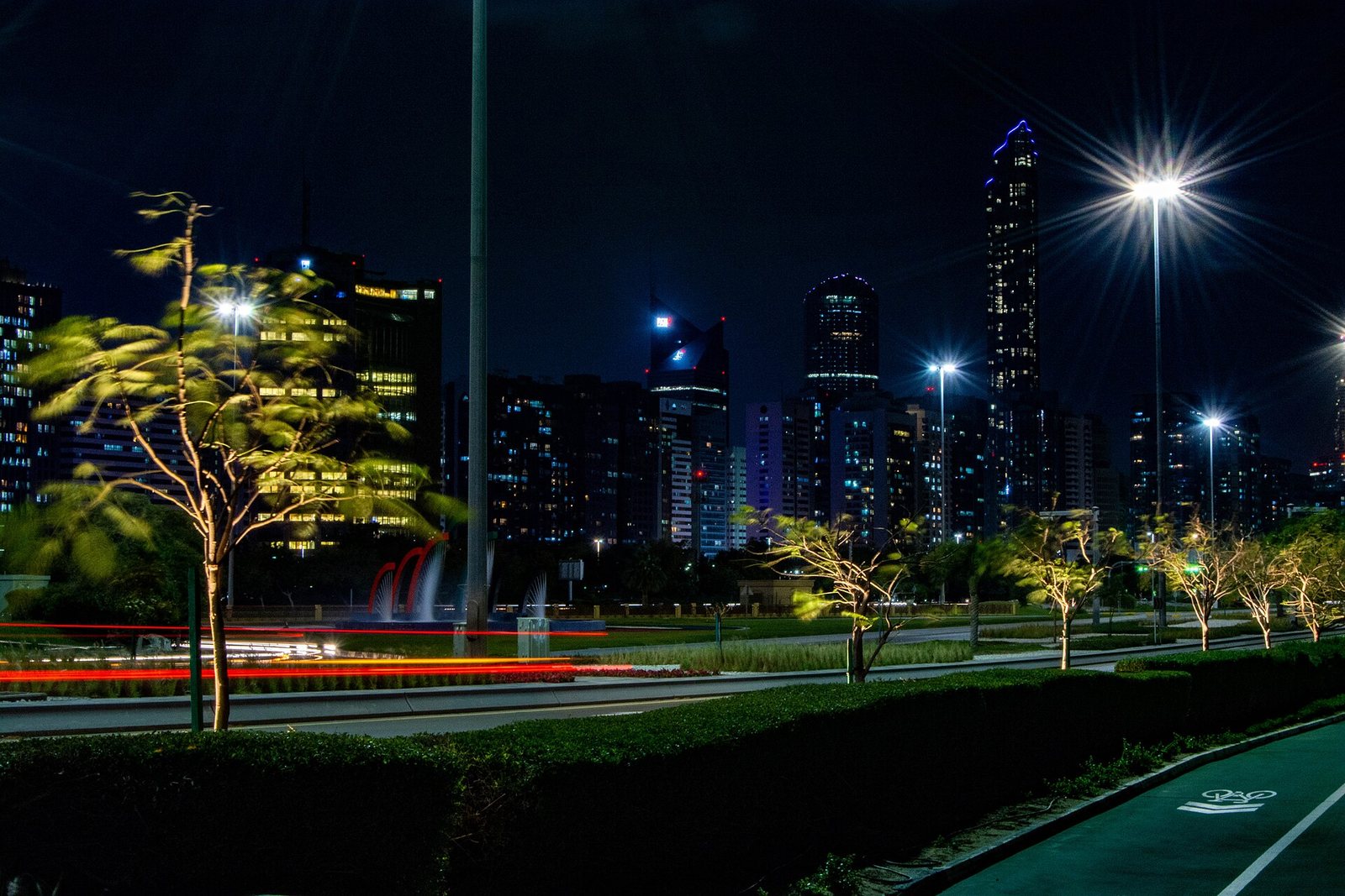 夜色中的阿布扎比市區，路旁亮起燈光。
